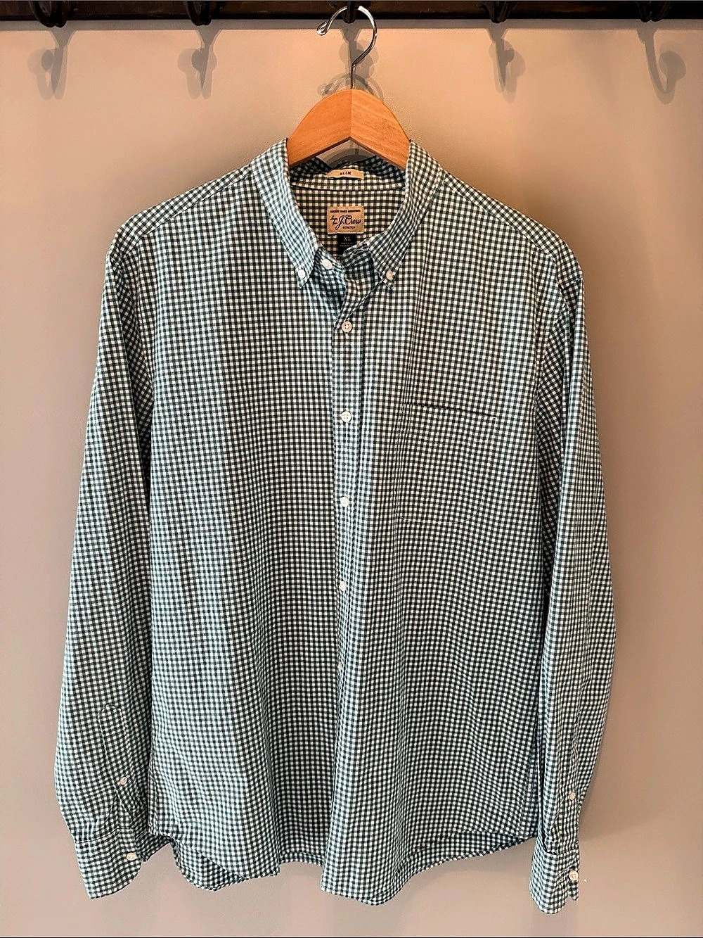 J.Crew Secret Wash Gingham Button Down in Green & White XL Like New